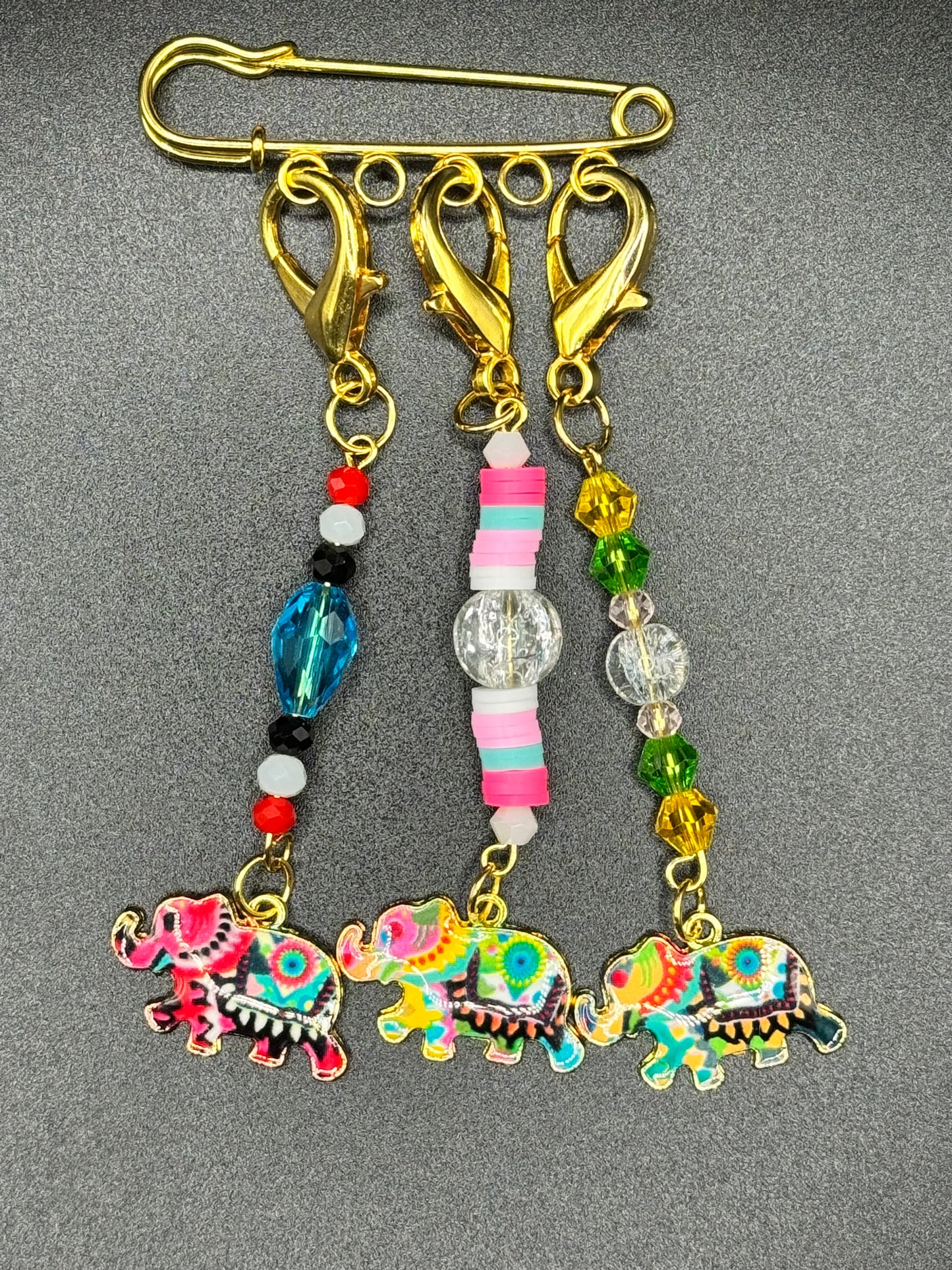 set of three colorful enamel elephant stitch markers