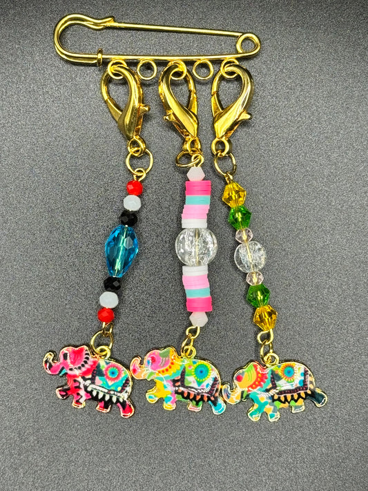 set of three colorful enamel elephant stitch markers